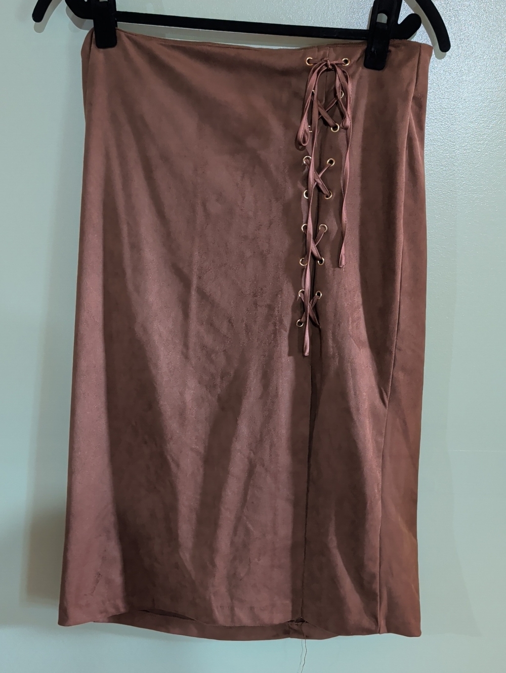 New York & Company Caramel Lace-Up Suede-Effect Midi Skirt